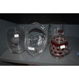 Four pieces of glass,including etched vase,basket and rectangular vase,also a coloured lidded pot.