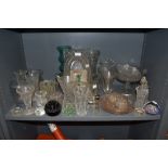 A selection of clear cut and crystal glass wares including aqua blue vase and similar blue example