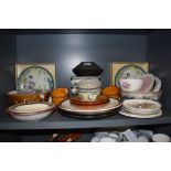 A selection of studio pottery including Danish earthen ware tea cups and fruit bowls