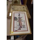 A collection of vintage newspaper adverts in frame and art deco style embroidered lady.