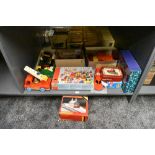 A shelf of modern toys including Big Domino Record, Matchbox Superfast trains and accessories, Toy