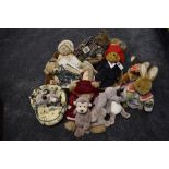 A collection of modern Teddy Bears and Dolls including Steiff Elephant and Hippon both having yellow