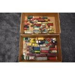 Two boxes of Dinky and similar mixed vintage playworn diecast vehicles including pre and post WW2,