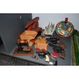 A selection of vintage toys comprising, Tri-ang tin plate Crane and Spinning Top, a childs tin plate