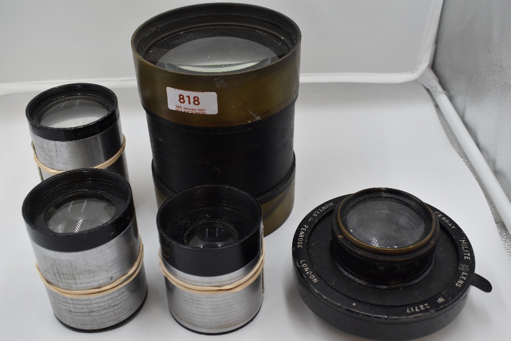 Five projection lenses including three Beck of London, an Aldis Anistigmat 18.5 inch and a Hunter-