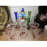 A selection of glass wares including Murano clown figure and Bohemian vase