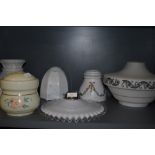 A selection of Art Deco and later pressed glass light shades including ribbon design and hand