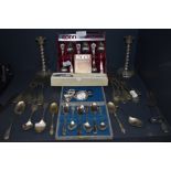 A selection of table wares and cutlery including Caddy spoon marked sterling and similar HM silver