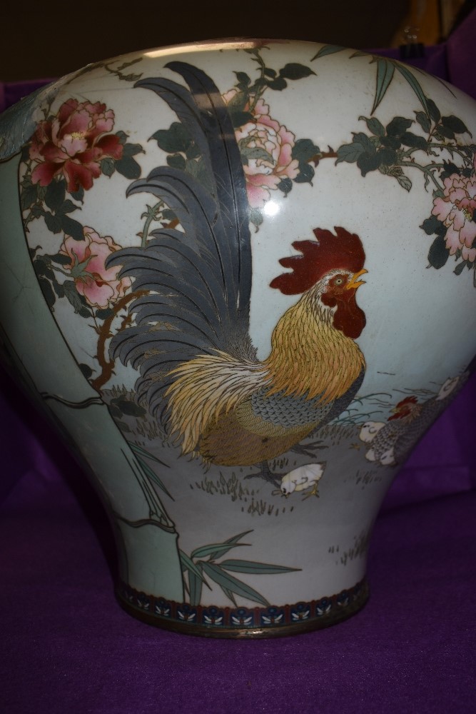 A Meiji period cloisonne enamel bodied squat vase of baluster form decorated with Cockeral Hens