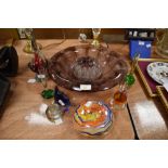 A selection of colour and art glass including candy glass bowl and large smoked glass rose bowl