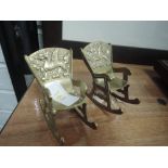 Two vintage brass miniature rocking chairs having Welsh dragons to backs,perfect for Dolls house
