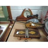 A selection of vintage items including iron,tie press and shoe last, also incuded is an assortment