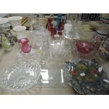 A varied lot of vintage glass including coloured, etched and cut examples, rose bowls,fruit bowls,