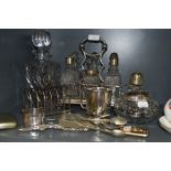 A selection of glass and plated table wares including cruet set and pickle jar
