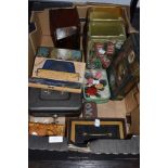A selection of collectable tins and box also antique drop bottom box dated 1870