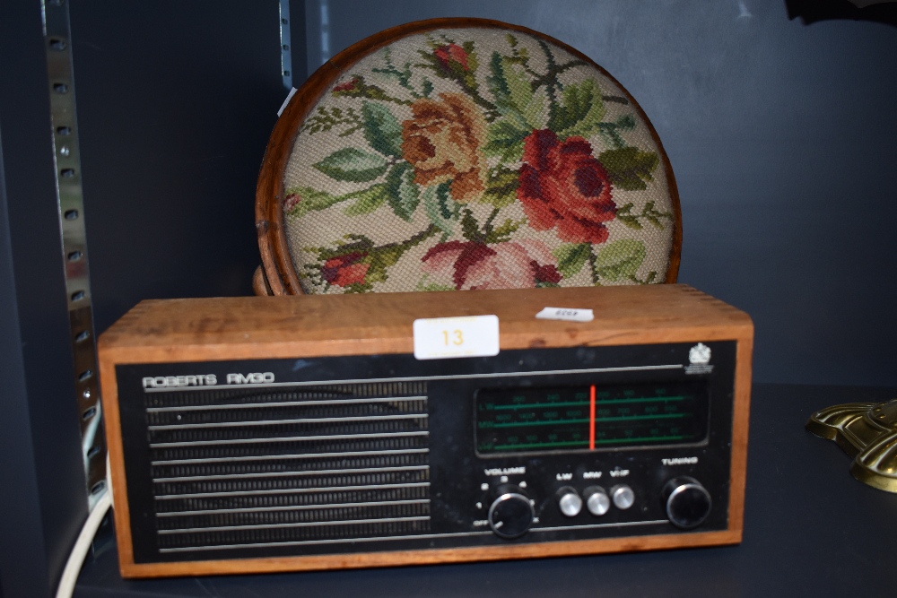 A Roberts RM30 radio receiver and an oak foot stool with embroidered top