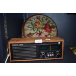 A Roberts RM30 radio receiver and an oak foot stool with embroidered top