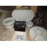 A mixed lot of items including serving dishes, flan dish, platter and a box of mugs and more.