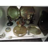 A mixed collection of brass ware amongst which are a dinner gong, Indian bell,pin dish in the form