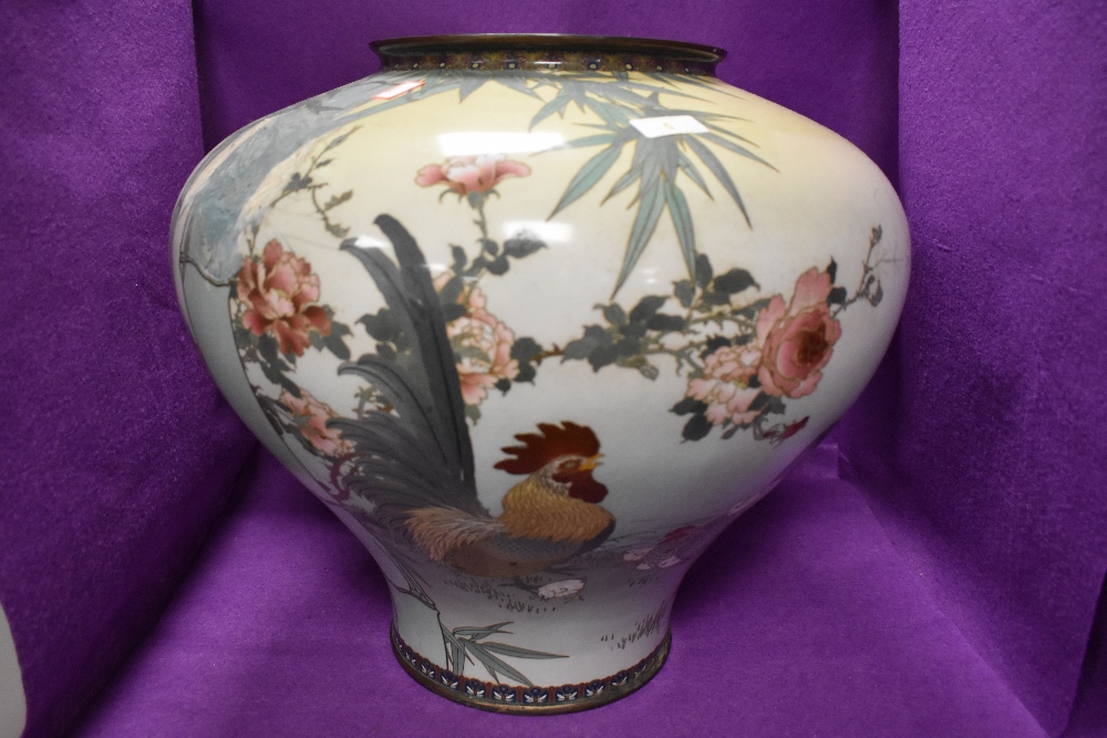 A Meiji period cloisonne enamel bodied squat vase of baluster form decorated with Cockeral Hens - Image 2 of 6