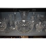 A selection of clear cut and crystal glass wares including fruit bowl and footed tazza