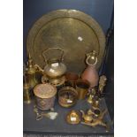 A collection of vintage brass and copper including Farrow and Jackson beer keg tap,large embossed