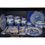 A selection of blue and white wear ceramics including graduated Spode jugs having black back stamp