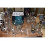 A selection of glass wares including wine and decanter also 1950's pressed aqua blue dish set