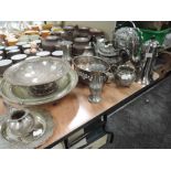 A selection of silver plated and similar metal table wares including pewter tea pot and folding cake