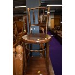 A traditional stained frame bentwood chair, previously wormed seat