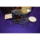 A glass and wrought iron half moon table, approx. Dimensions W61cm D25cm H69cm and two mosaic effect