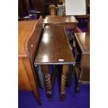 An early to mid 20th Century oak twist gate leg table of narrow proportions, approx 91 x 32cm closed