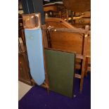 A selection of vintage housekeeping items including wooden ironing board, clothes maid, card table