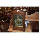 An oak cased mantel clock, movement named for Gustav Becker, height approx. 44cm