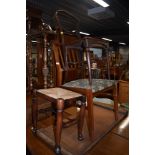 A Victorian bedroom chair, a vintage dining chair and rush seated stool with H stretcher