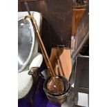 A selection of items including oak and copper bound bucket, chesnut roaster, tray etc