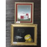 An oil painting on board, N Black, deck of cards, signed, 15 x 12cm, framed , and an oil painting on