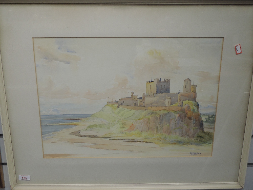 A watercolour, Leonard Rigby, Bamburgh Castle, monogrammed and attributed verso, dated (19)59, 37