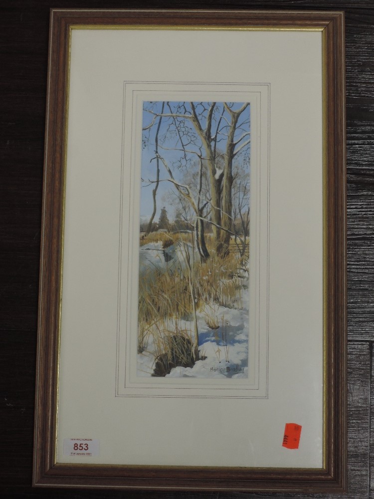 An acrylic painting, Marion Bradley, winter trees, signed and attributed verso, 29 x 12cm, framed