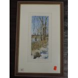 An acrylic painting, Marion Bradley, winter trees, signed and attributed verso, 29 x 12cm, framed