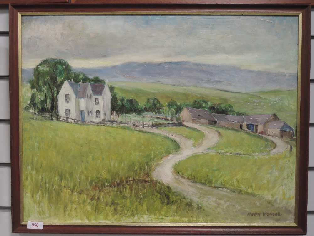 An oil painting on board, Mary Armour, lowlands landscape, signed, 46 x 61cm, framed