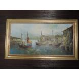 An oil painting, Lomond, harbour scene, indistinctly signed, 44 x 89cm, framed