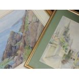 A watercolour, W Downs, townscape, signed, 27 x 19cm, framed and glazed, and a watercolour,