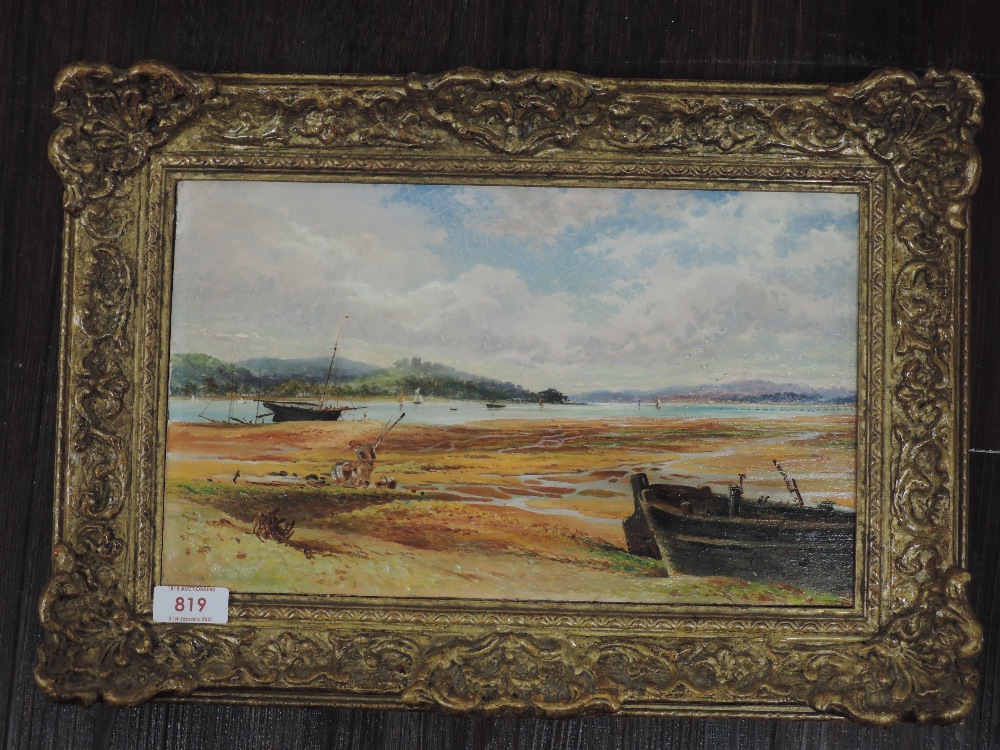 An oil painting on board, JW, estuary landscape, monogrammed, and dated 1880, 20 x 33cm, framed