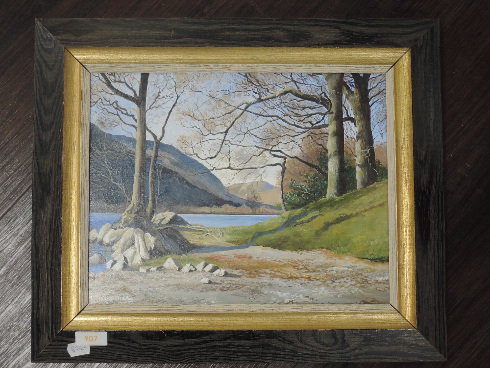 An oil painting on board, Marion Bradley, Lakes landscape, 26 x 34cm, framed