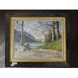 An oil painting on board, Marion Bradley, Lakes landscape, 26 x 34cm, framed