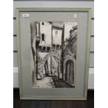 A print, after, Diaz, street scene, 39 x 26cm, framed and glazed