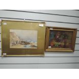 A watercolour, F Hargreaves, coastal landscape, signed, 24 x 35cm, framed and glazed, and an oil