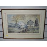 A watercolour, Alan Collister, Building on Kirkby Moor, signed and attributed verso, 27 x 46cm,