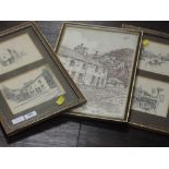 A sketch, F Hodgson, George Romney's cottage, Kendal, signed, 34 x 24cm, framed and glazed, and four